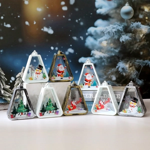 Christmas lantern set with Santa and Snowman graphics in white, bronze, and silver frames