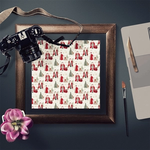 Macro shot of vintage Christmas pattern with Santa and reindeer in dark wood frame