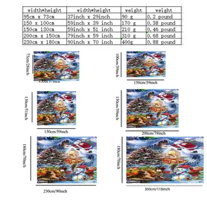 Detailed size guide for Christmas wall tapestries ranging from 95x73cm to 300x180cm