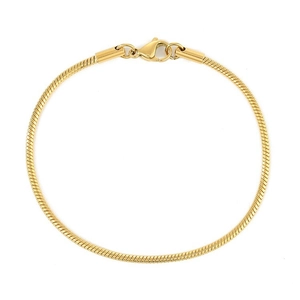 Close-up of golden stainless steel snake chain bracelet with a secure lobster clasp
