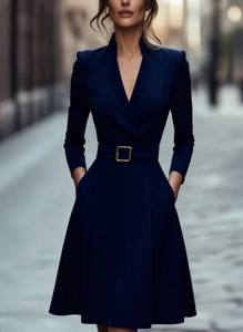 Chic navy blue V-neck dress with waist belt and long sleeves in urban street setting