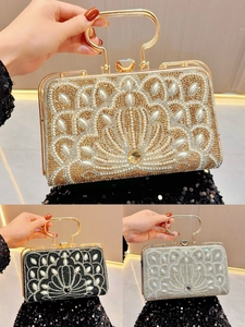 Elegant evening bag with faux pearls and rhinestones, gold handle for parties