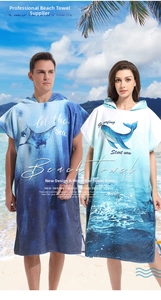 Adult microfiber hooded beach towel cloak with rapid-dry fabric and sea animal prints