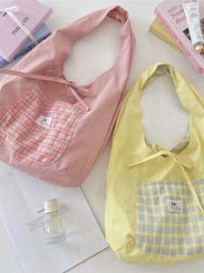 Minimalist canvas tote bag with check pocket in pink and yellow colors for women