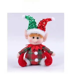 Front detail of Christmas elf plush doll with sequin hat and faux fur trimming decor