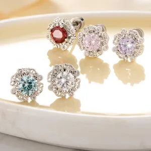 Flower Zircon Stud Earrings For Cartilage Piercing With Screw Back Titanium Steel Post Copper Base Sparkly Jewelry For Women