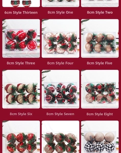 Detail of 6cm and 8cm Christmas foam ball ornaments with plaid patterns and pine needle decor