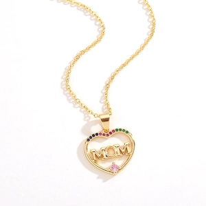 Golden heart necklace with MOM lettering and colorful zircon stones for Mother's Day