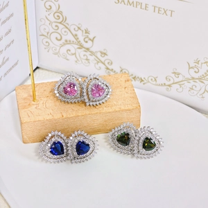 Elegant heart-shaped stud earrings in pink, blue, and green with cubic zirconia halo