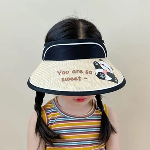 Close-up of kids straw visor featuring cute panda print and Sweet text detail