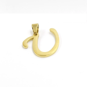 Macro detail of gold plated letter V pendant with polished finish on white background