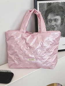 Pink quilted bow tote bag with Sozakka label, stylish satin handbag for daily use