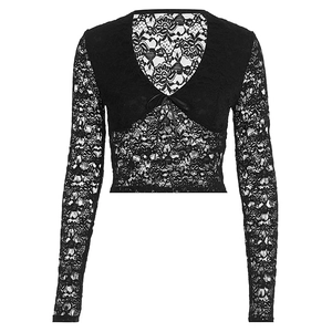 Detail of black lace long sleeve top featuring deep V-neck and delicate ribbon bow tie