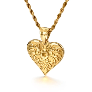 Heart Pendant Stainless Steel Retro Carved Floral Pattern Sun Motif Hip Hop Style Unisex Jewelry Accessory
