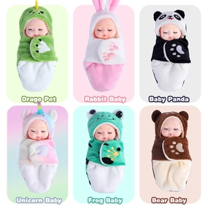 Six assorted mini reborn baby dolls in plush animal sleeping bags for girls
