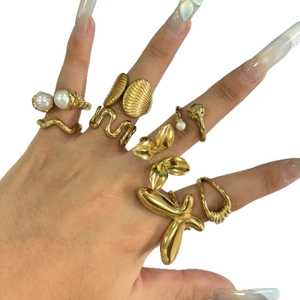 Stainless Steel Gold Plated Adjustable Open Ring With Faux Artificial Pearl Elegant Wave Flower Leaf Jewelry For Women Fashion