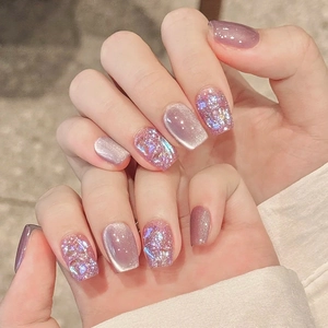 Lavender Purple Cat Eye Press On Nails With Iridescent Shell Fragments And Rhinestones Short Square Full Cover Artificial Nails