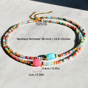 Detail of colorful faceted beaded necklace with stainless steel lobster clasp and dimensions