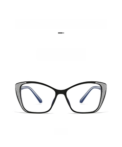 Front view of black cat-eye anti-blue light glasses with silver glitter design