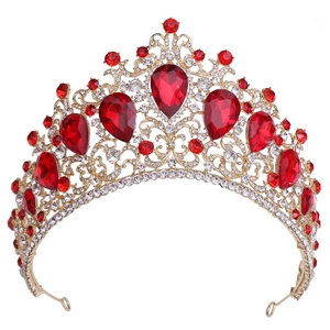 Golden baroque bridal crown with red teardrop crystals and sparkling rhinestones