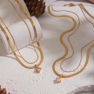 Luxury double-layer gold snake chain necklace with pink and white zircon stone pendants