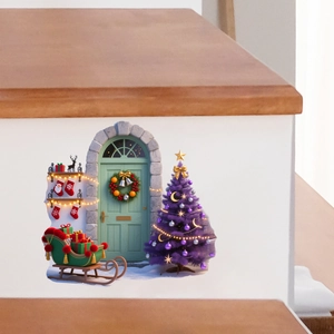 Detailed 3D Christmas wall sticker featuring a festive green door and purple Xmas tree