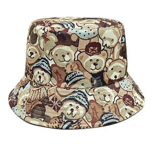 Foldable beige bucket hat with cute colorful bear jacquard patterns for sun protection
