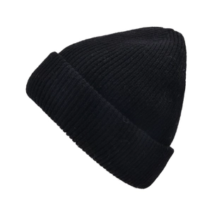 Close-up of the black ribbed knit texture on the cuffed double-layer wool beanie