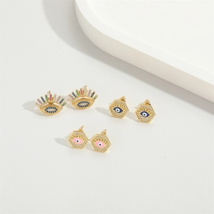 Three pairs of elegant evil eye stud earrings with colorful zircon and gold plating
