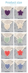 Close-up of small chenille heart and star patches with detailed size measurements