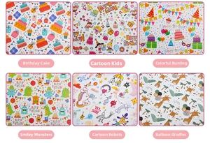 Detail showcasing six colorful cartoon birthday gift wrapping paper patterns with festive motifs