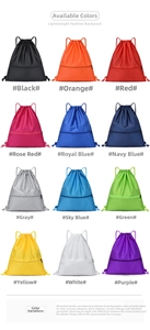 Detail showcasing twelve colors of water resistant drawstring backpacks with zipper pockets