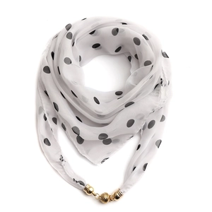 Macro shot of white polka dot chiffon scarf with gold magnetic beads and material label