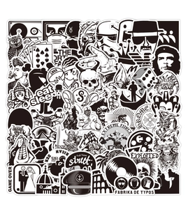 Detailed close-up of mixed black and white punk graffiti stickers with various designs