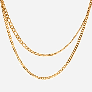 Double-layered gold titanium steel necklace featuring Figaro and fine chain link textures