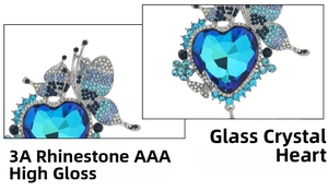 Detail of blue crystal heart brooch with AAA rhinestones and silver alloy plating