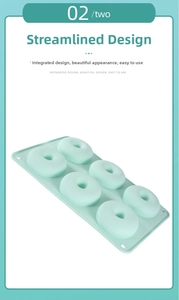 Detail of 6-cavity mint green silicone donut mold with a streamline integrated design