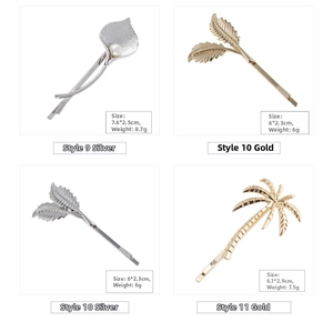 Detailed size and weight specs for various creative silver and gold hair clip styles