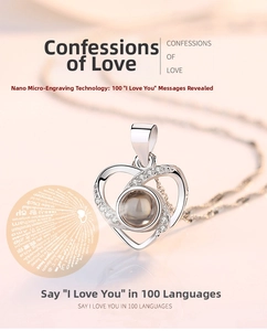 Close-up of 925 silver double heart necklace with nano micro-carving projection stone