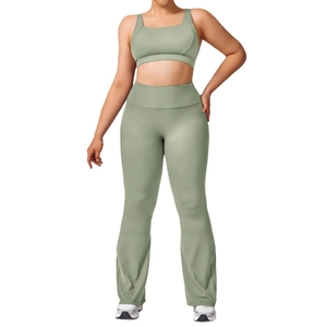 Sage green plus size sports set with square neck bra and flared yoga pants for women