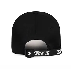 Close-up of black cotton baseball cap back with adjustable 'SPORTS' lettered strap