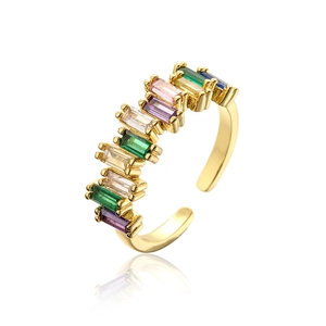 Detail view of 18K gold-plated open ring featuring multi-color rectangular-cut zircons
