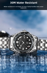 Water splash showcasing the 30M water resistance of this black wave dial quartz watch