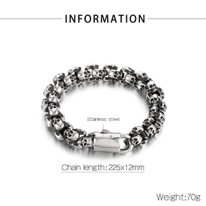 Macro detail of punk skull bracelet with stainless steel texture and dimensions