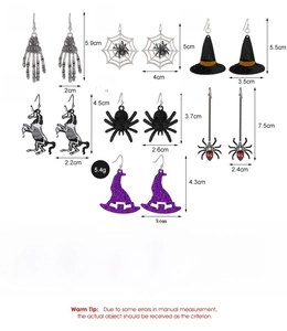 Detailed chart showing weights and sizes of assorted Halloween alloy earrings on white background