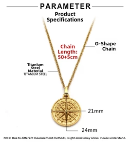 Macro detail of gold compass pendant with size specs and chain length on titanium steel