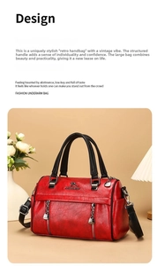 Macro detail of red textured leather handbag with kangaroo logo and zip pockets