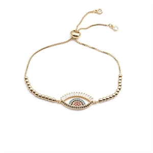 Minimalist evil eye adjustable bracelet in gold with multicolor zircon stones for women