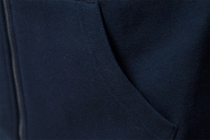 Detail of dark blue knit fabric and metal zipper closure on a men's sweatshirt