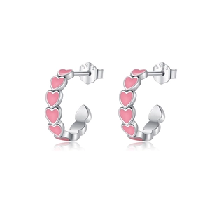 S925 sterling silver C-shaped hoop earrings with pink heart enamel inlays